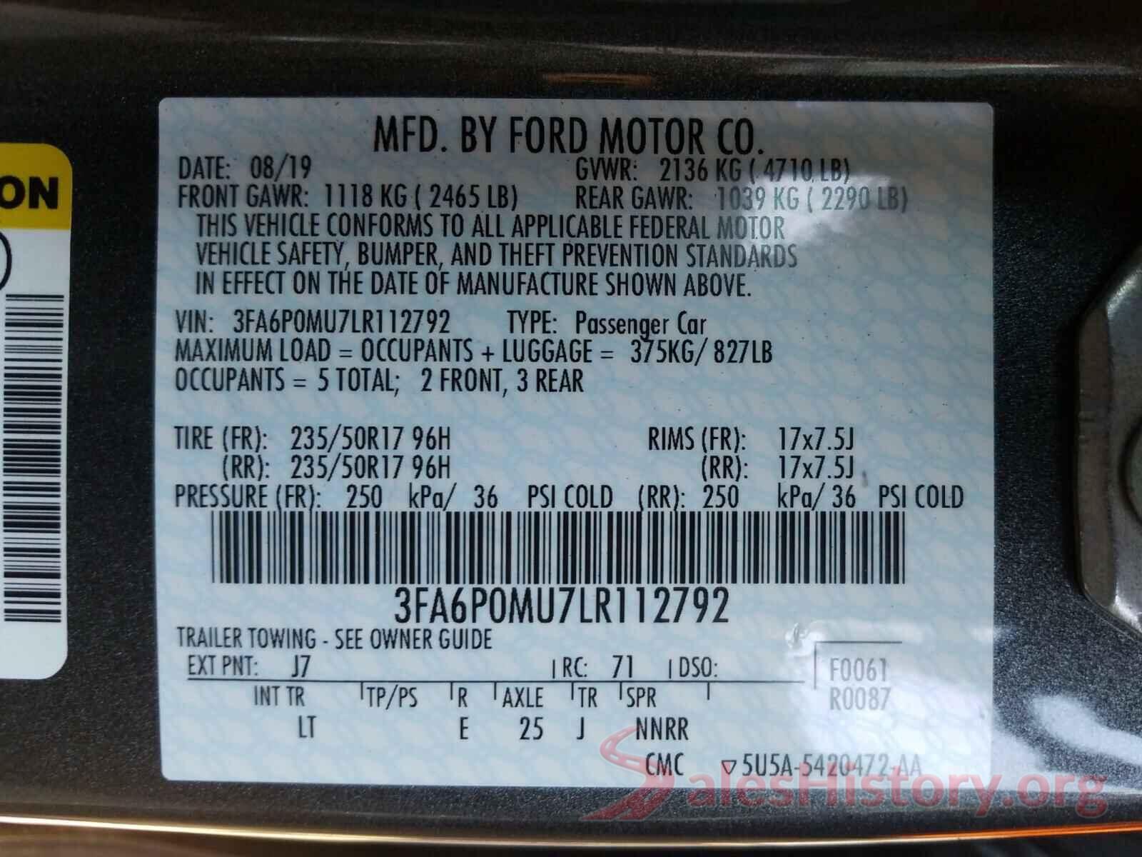 3FA6P0MU7LR112792 2020 FORD FUSION