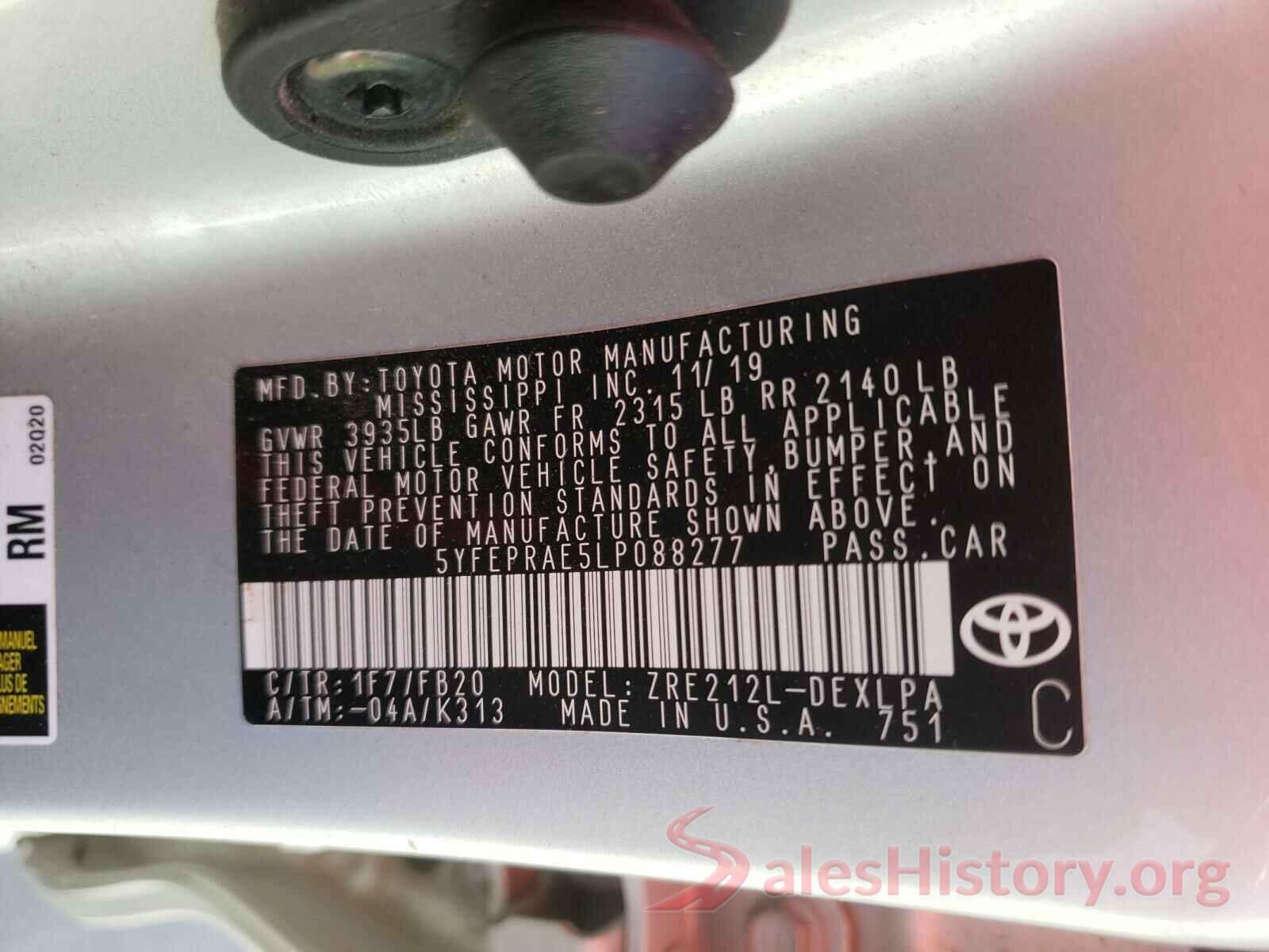 5YFEPRAE5LP088277 2020 TOYOTA COROLLA