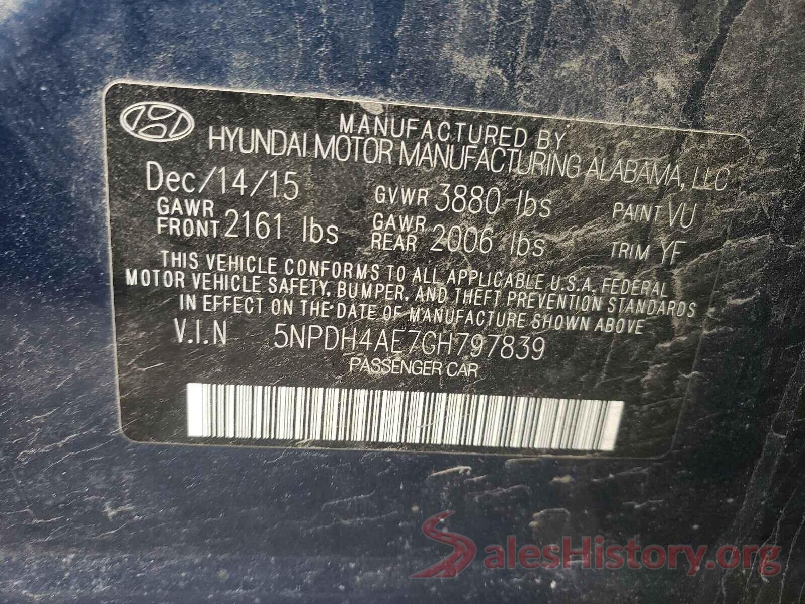 5NPDH4AE7GH797839 2016 HYUNDAI ELANTRA