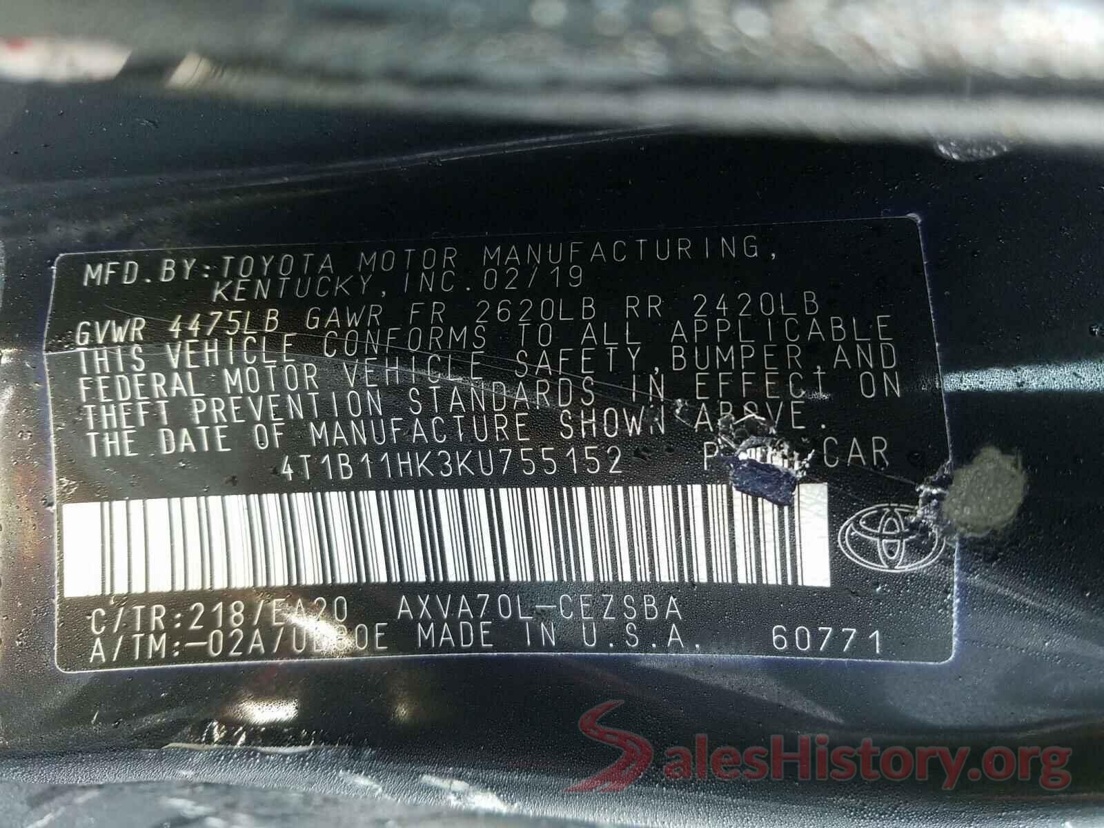 4T1B11HK3KU755152 2019 TOYOTA CAMRY