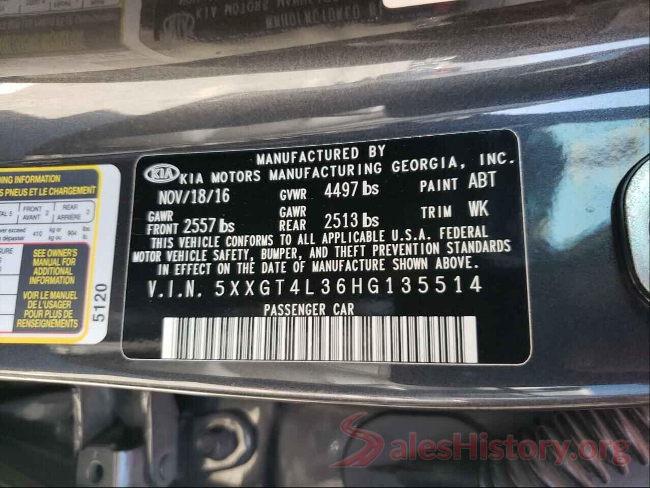 5XXGT4L36HG135514 2017 KIA OPTIMA