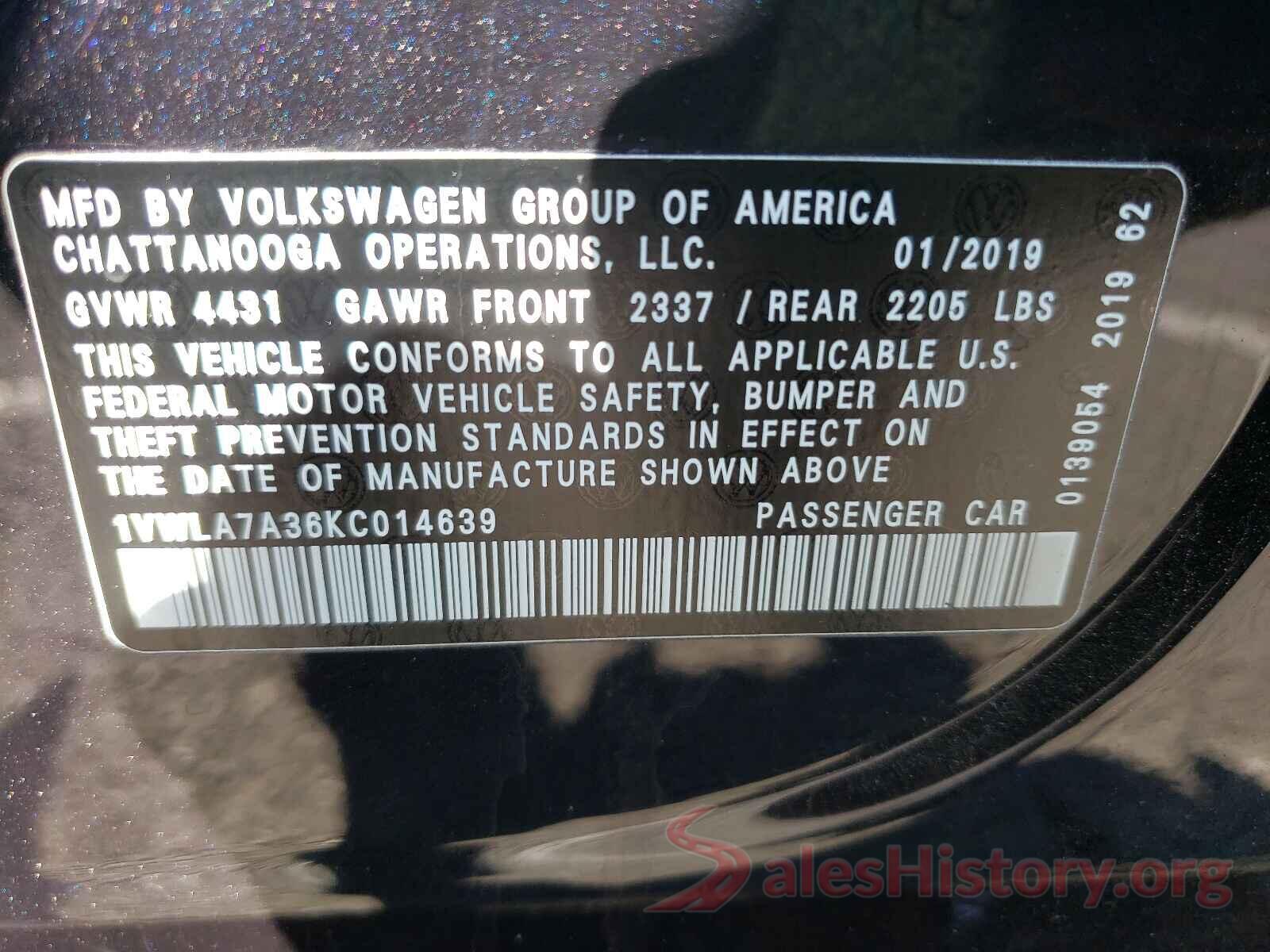 1VWLA7A36KC014639 2019 VOLKSWAGEN PASSAT