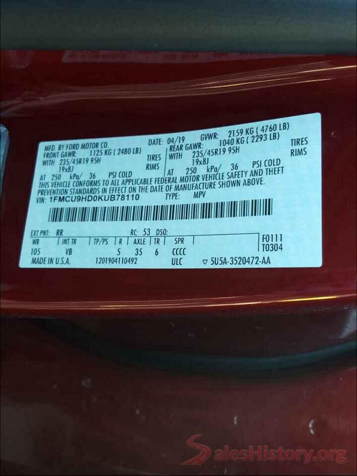 1FMCU9HD0KUB78110 2019 FORD ESCAPE