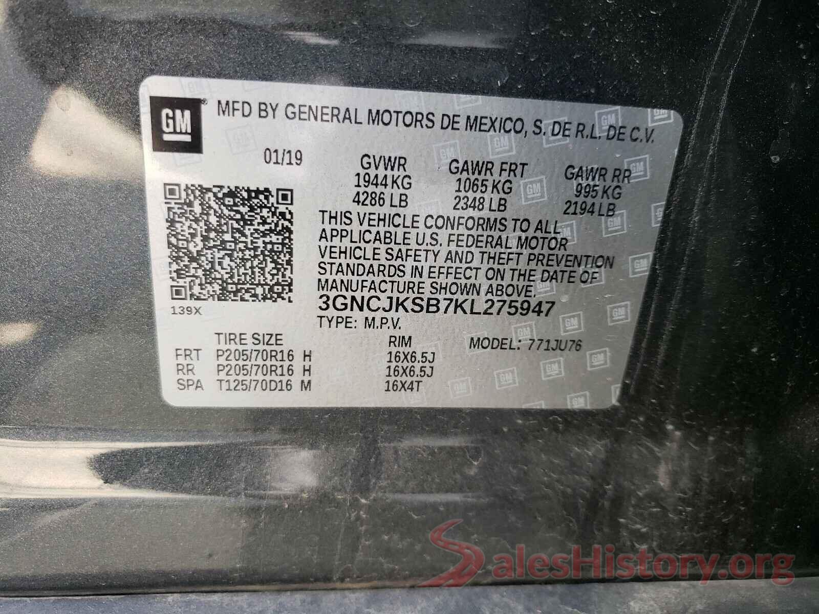 3GNCJKSB7KL275947 2019 CHEVROLET TRAX