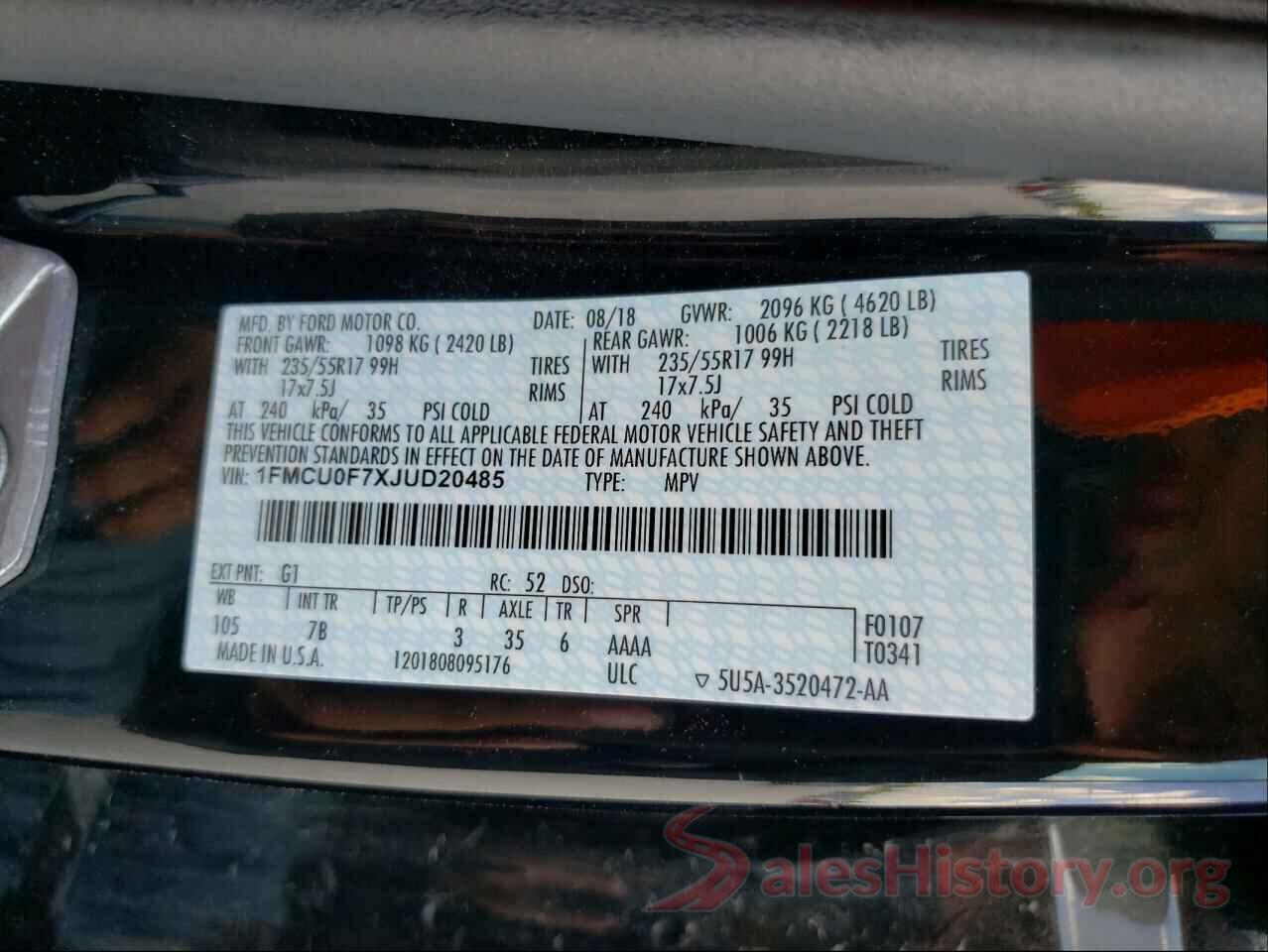 1FMCU0F7XJUD20485 2018 FORD ESCAPE