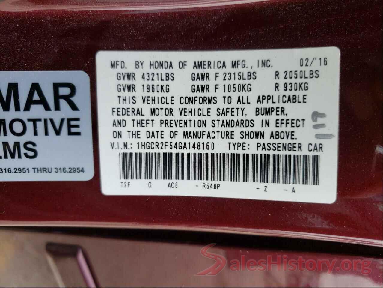 1HGCR2F54GA148160 2016 HONDA ACCORD