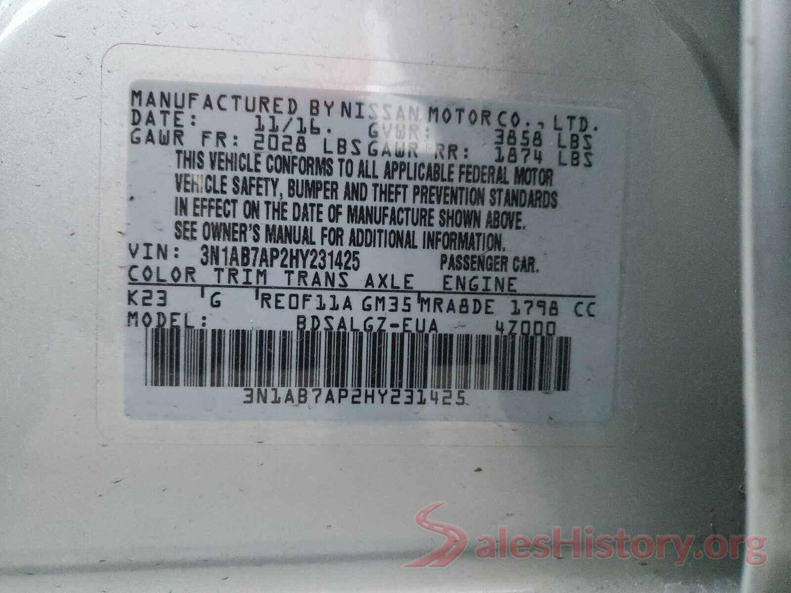 3N1AB7AP2HY231425 2017 NISSAN SENTRA