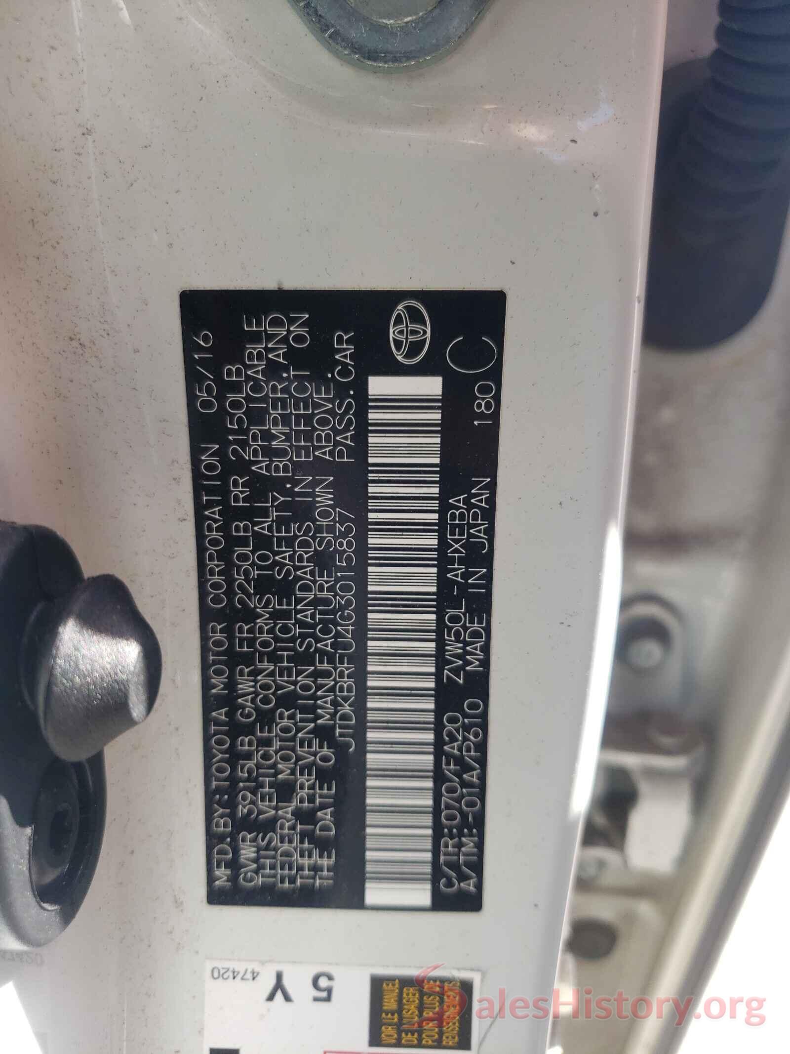 JTDKBRFU4G3015837 2016 TOYOTA PRIUS