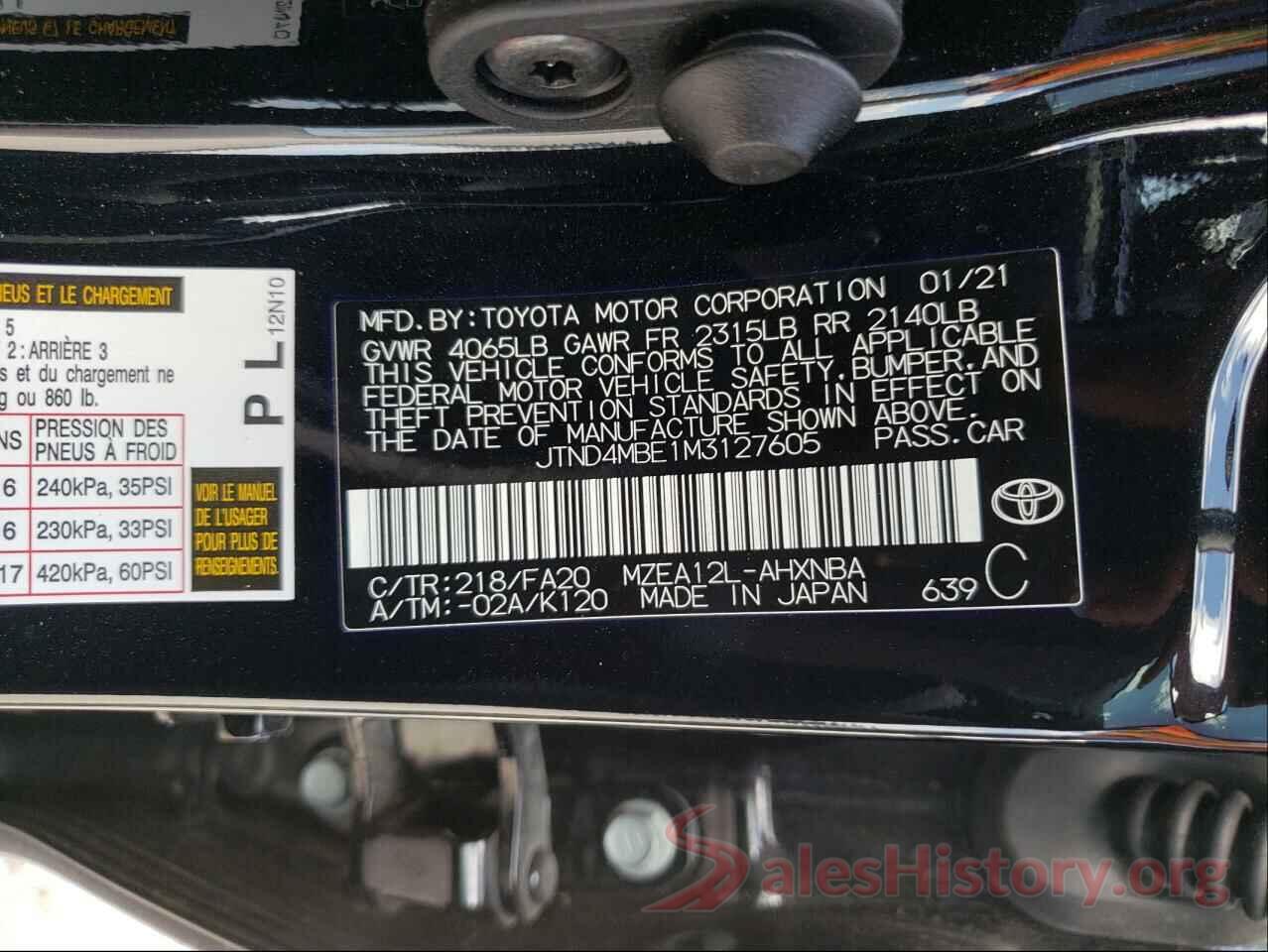 JTND4MBE1M3127605 2021 TOYOTA COROLLA