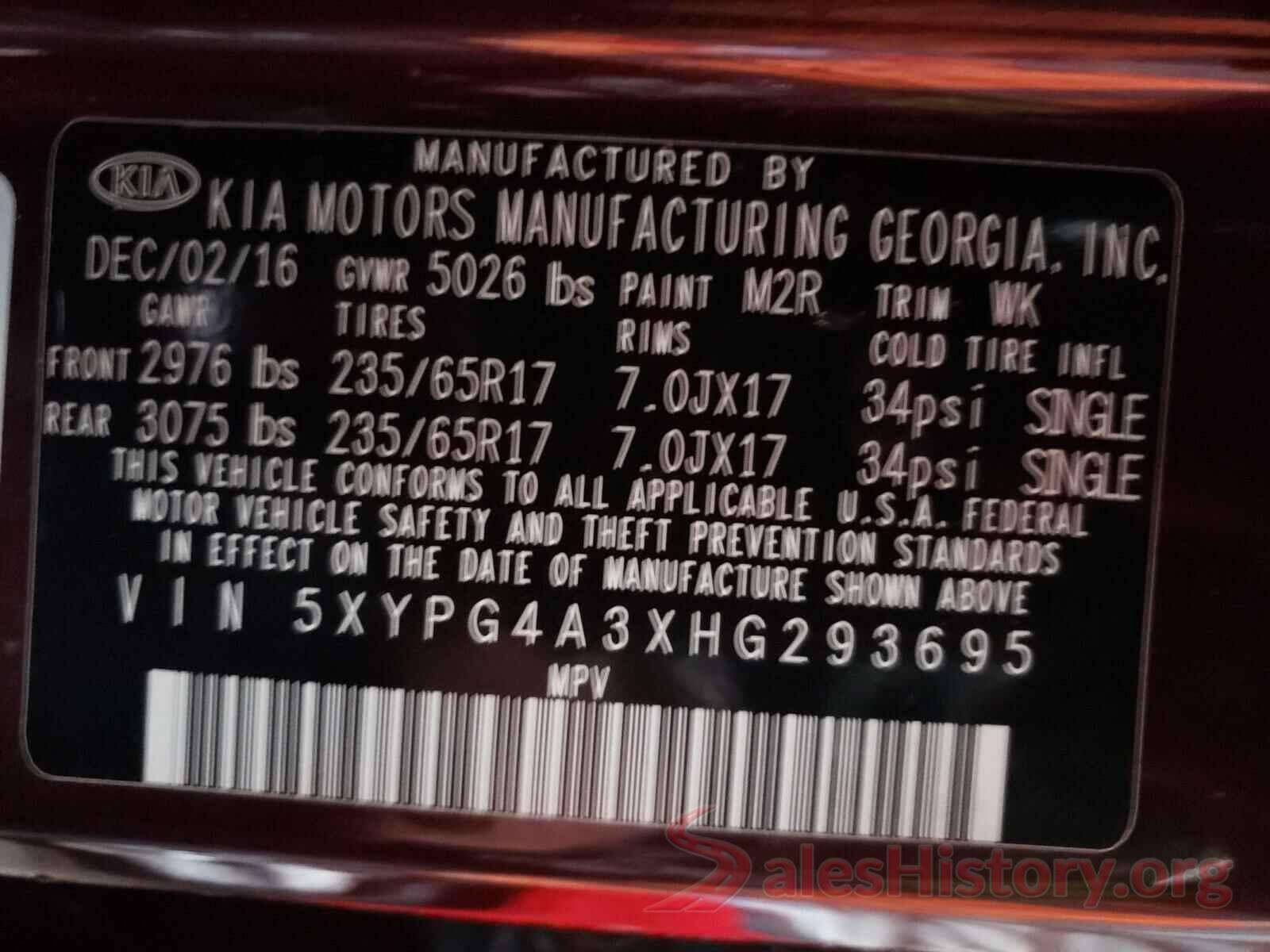 5XYPG4A3XHG293695 2017 KIA SORENTO