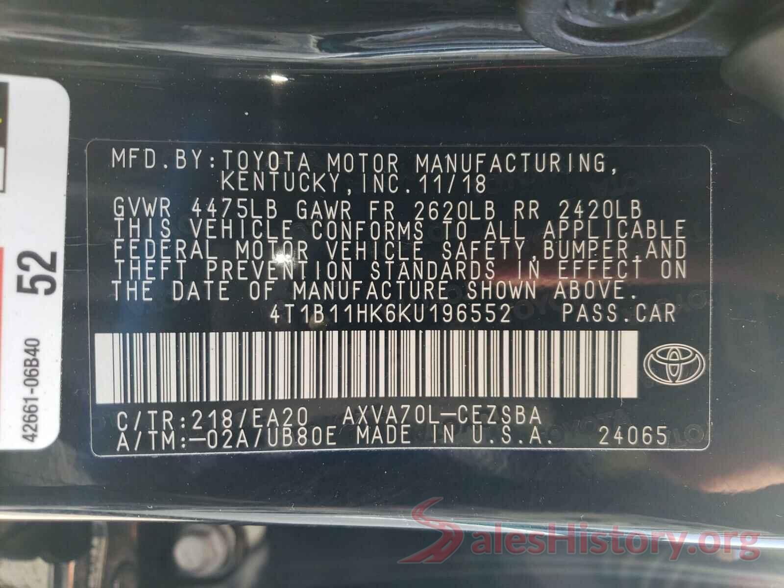 4T1B11HK6KU196552 2019 TOYOTA CAMRY