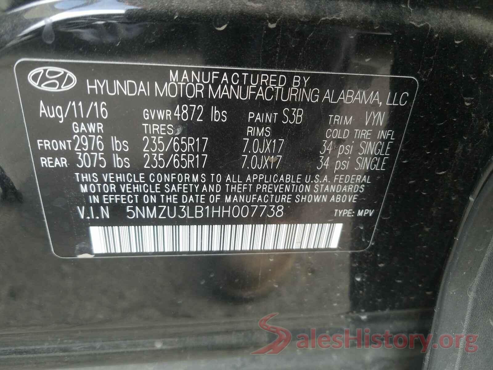 5NMZU3LB1HH007738 2017 HYUNDAI SANTA FE