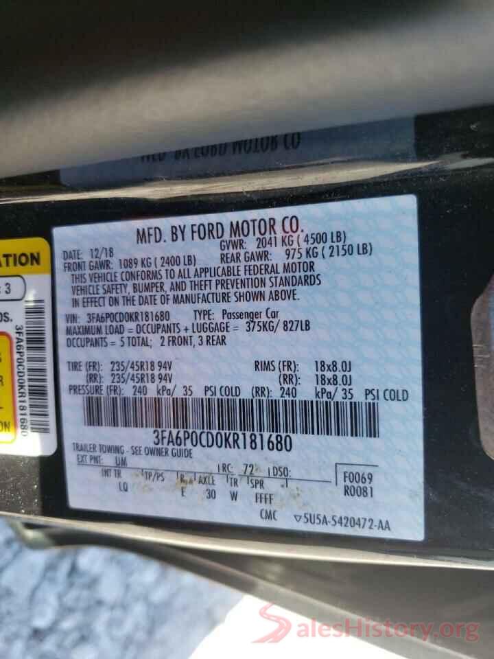 3FA6P0CD0KR181680 2019 FORD FUSION