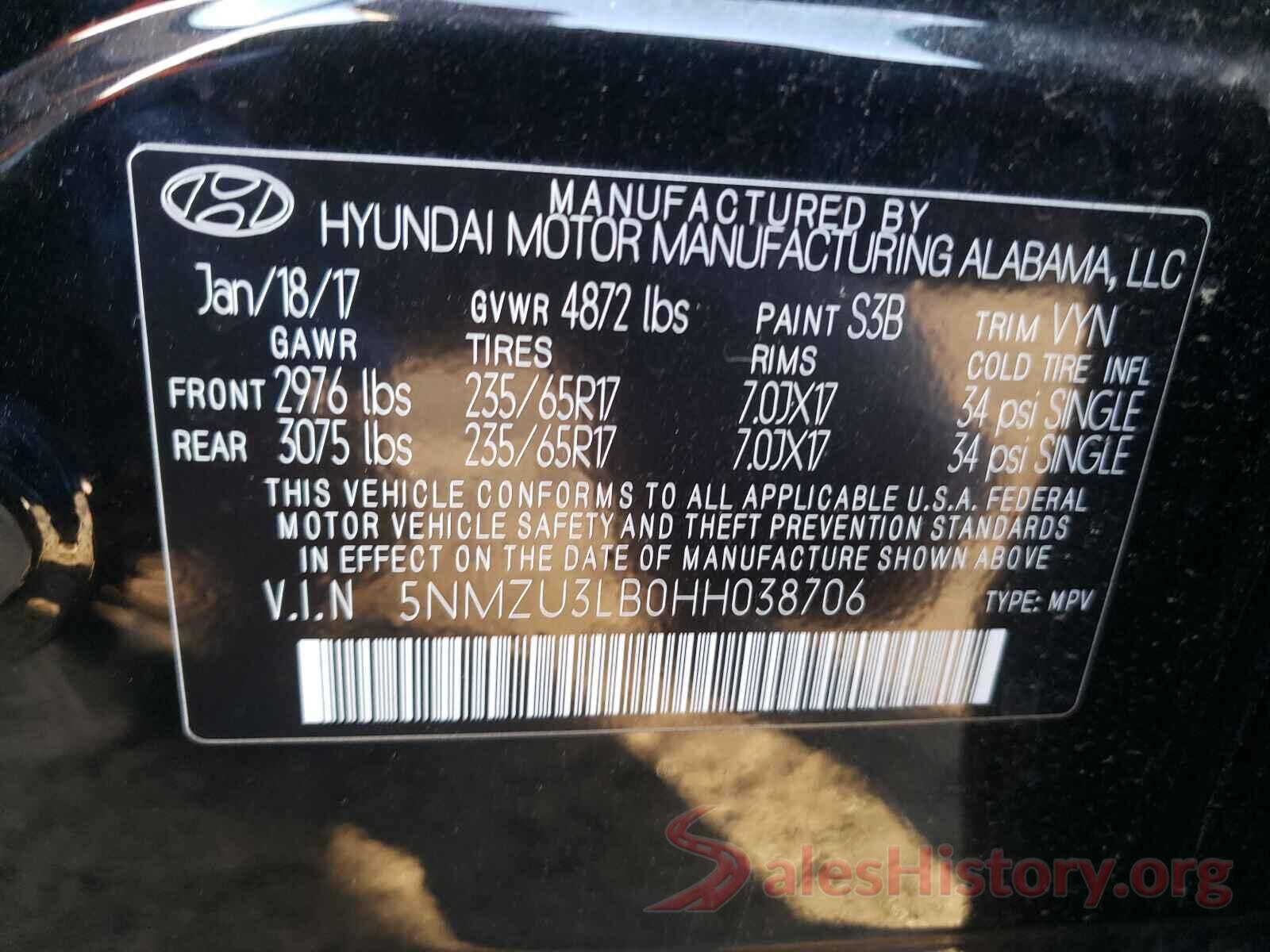 5NMZU3LB0HH038706 2017 HYUNDAI SANTA FE