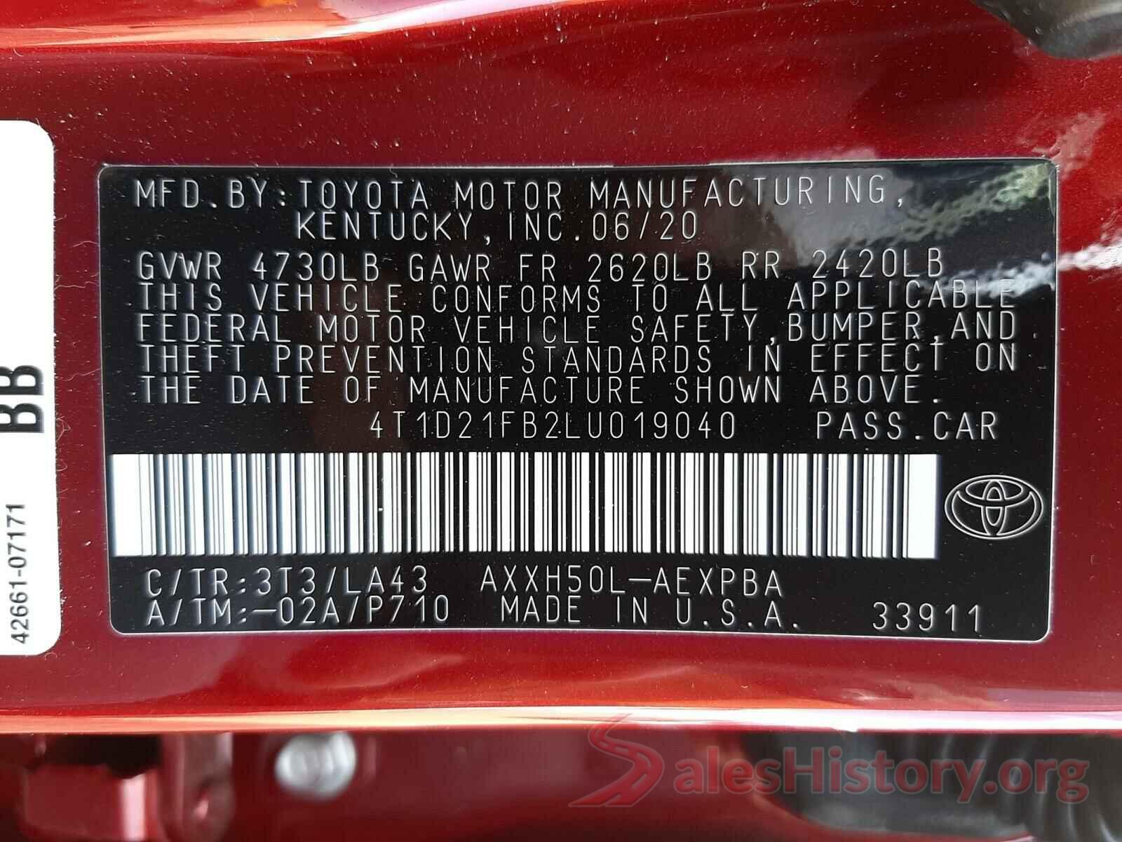 4T1D21FB2LU019040 2020 TOYOTA AVALON