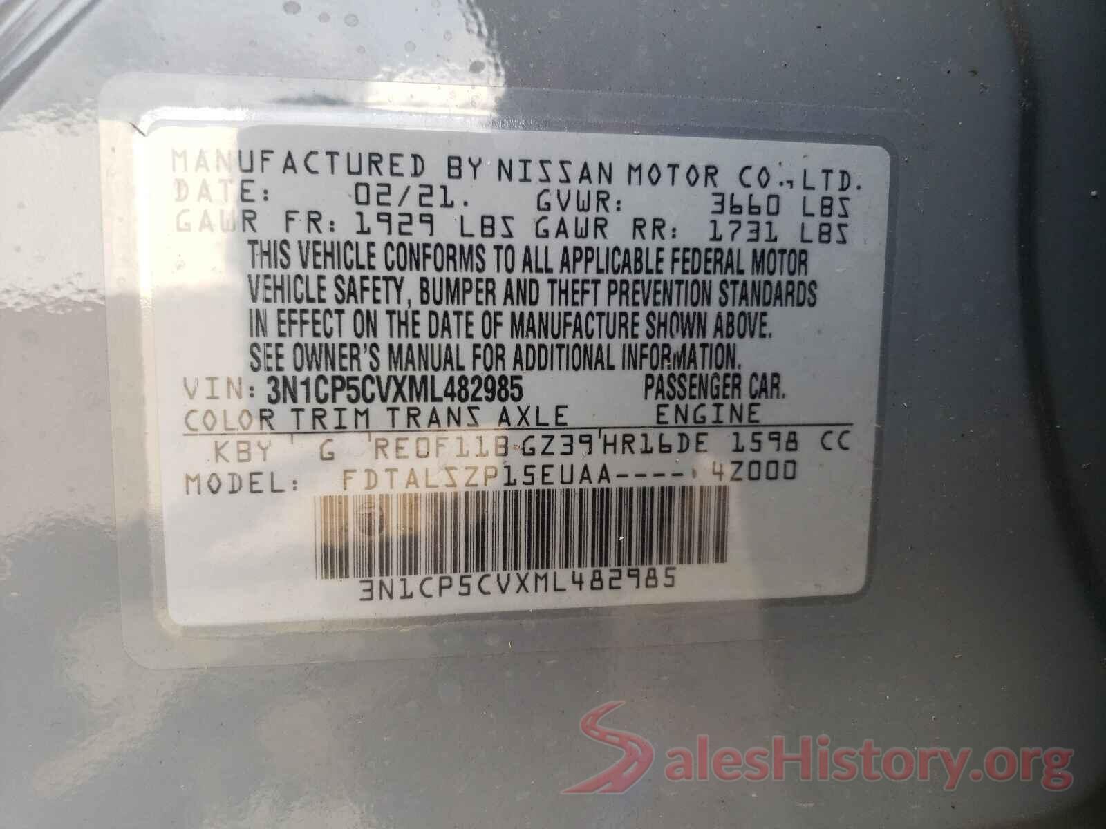 3N1CP5CVXML482985 2021 NISSAN KICKS