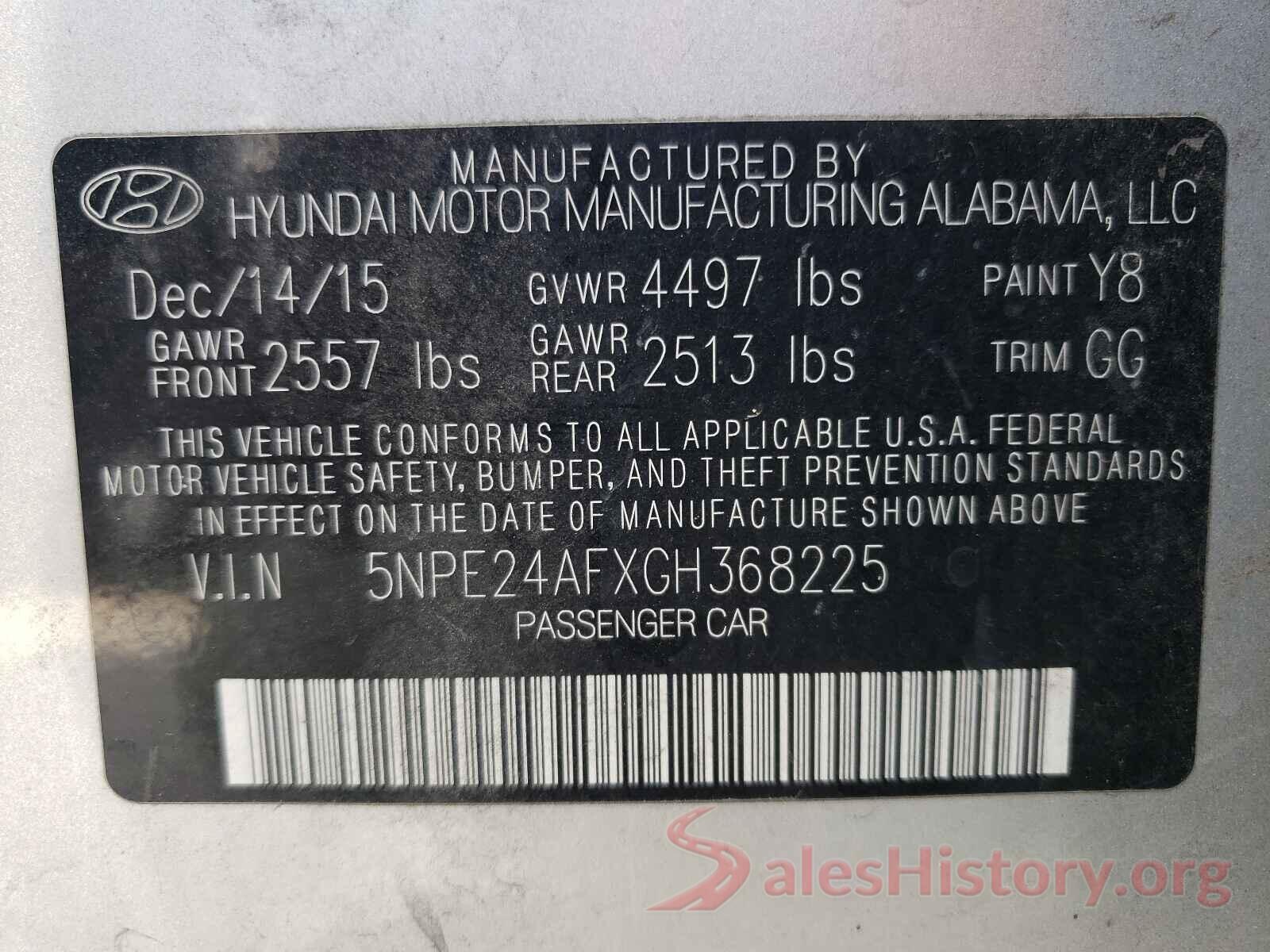 5NPE24AFXGH368225 2016 HYUNDAI SONATA