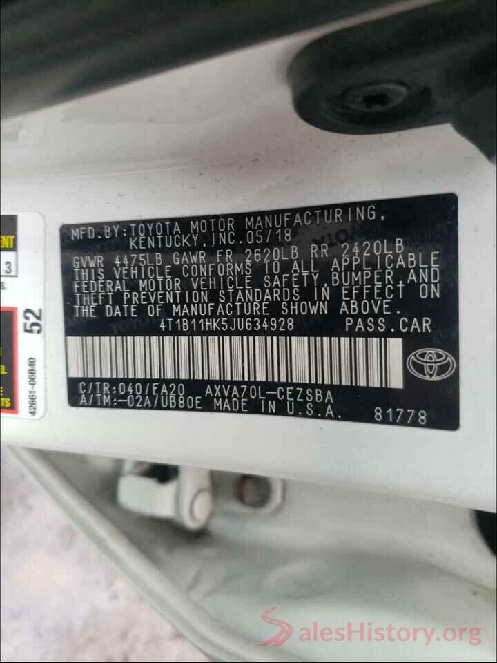 4T1B11HK5JU634928 2018 TOYOTA CAMRY