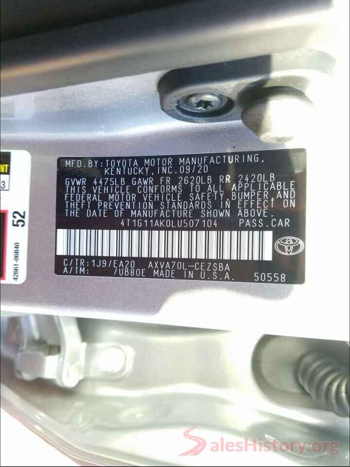 4T1G11AK0LU507104 2020 TOYOTA CAMRY