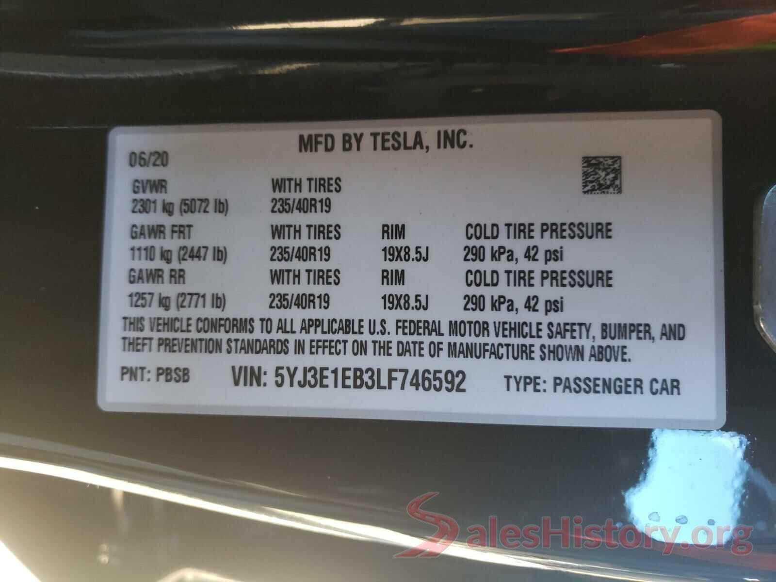 5YJ3E1EB3LF746592 2020 TESLA MODEL 3