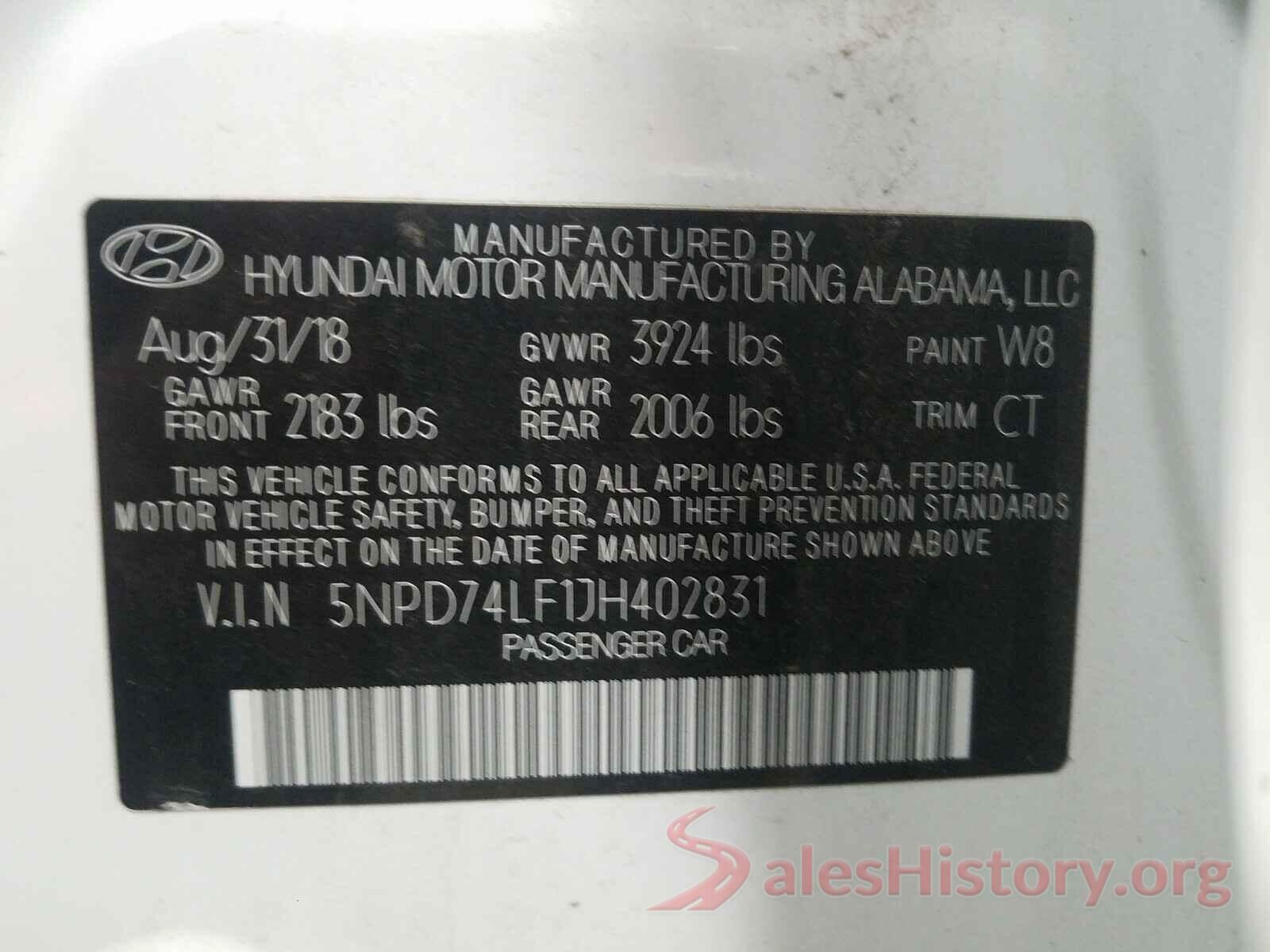 5NPD74LF1JH402831 2018 HYUNDAI ELANTRA