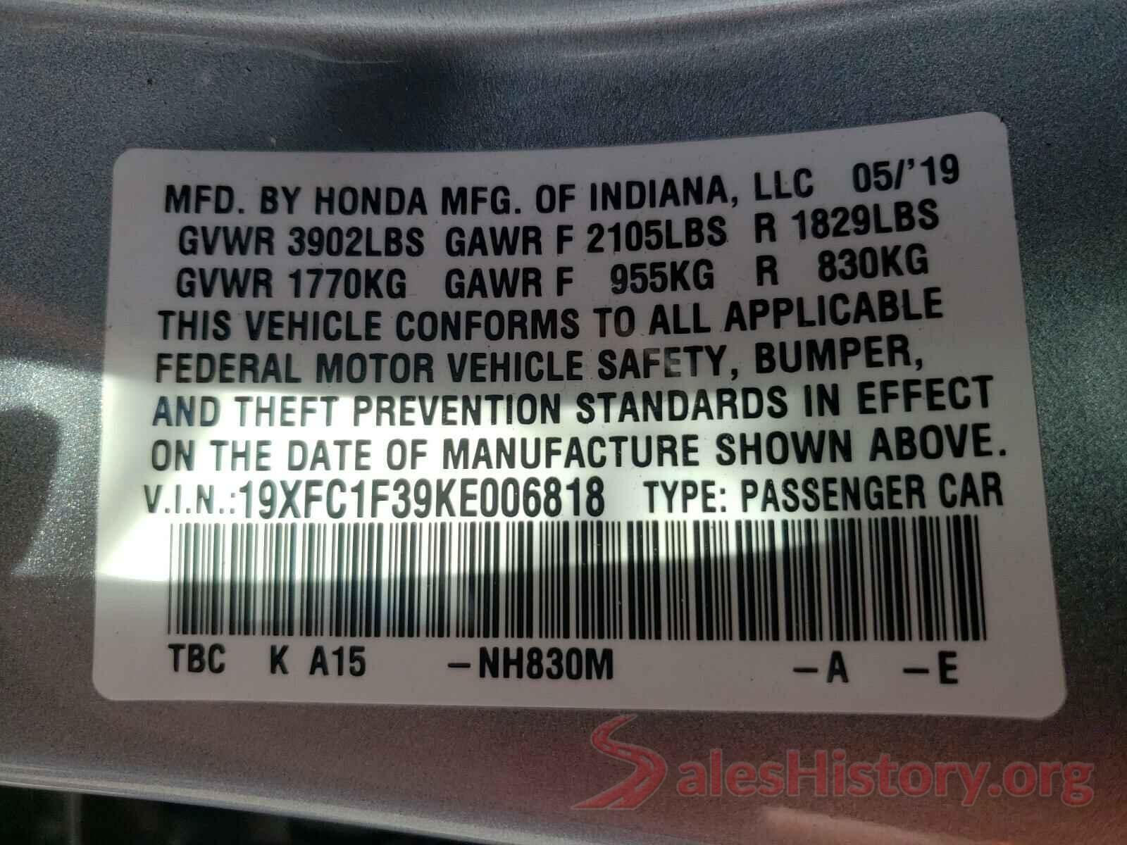 19XFC1F39KE006818 2019 HONDA CIVIC