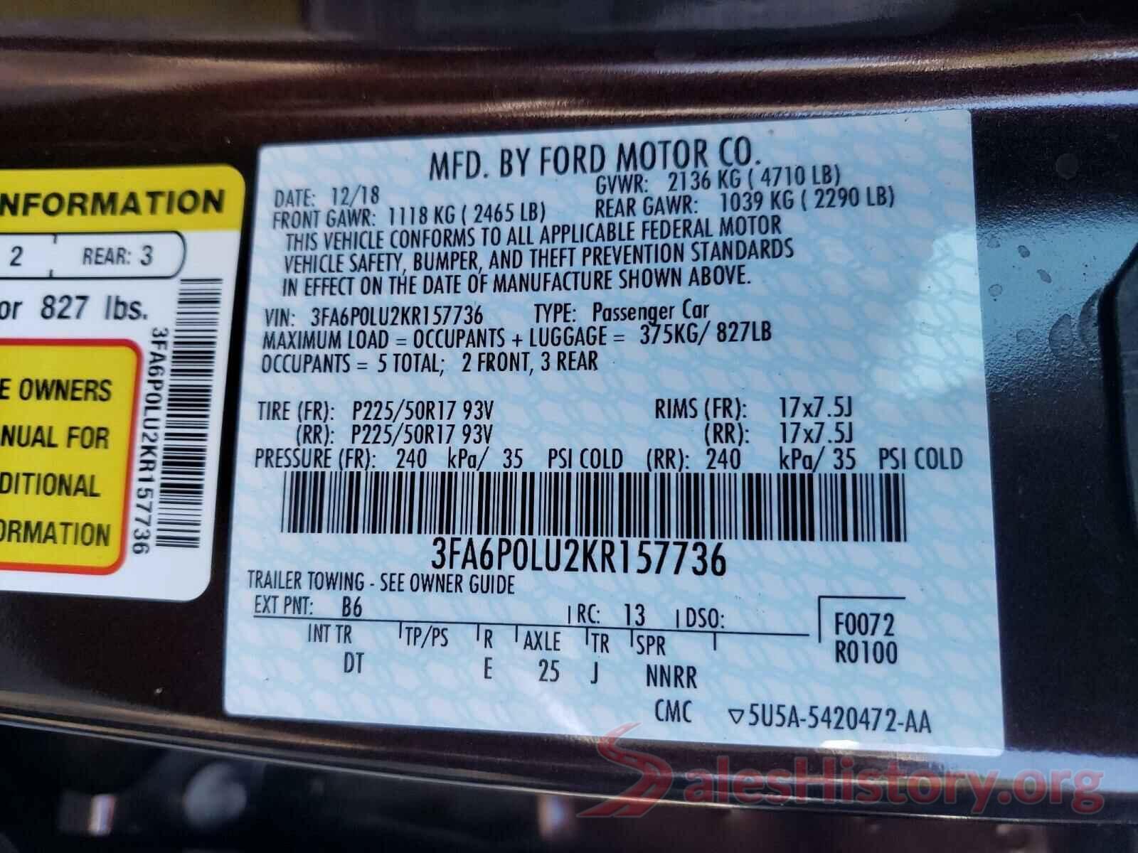 3FA6P0LU2KR157736 2019 FORD FUSION