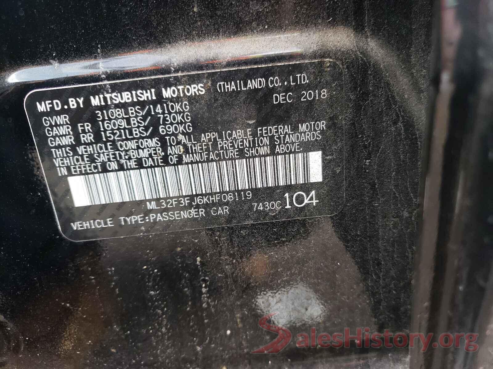 ML32F3FJ6KHF08119 2019 MITSUBISHI MIRAGE