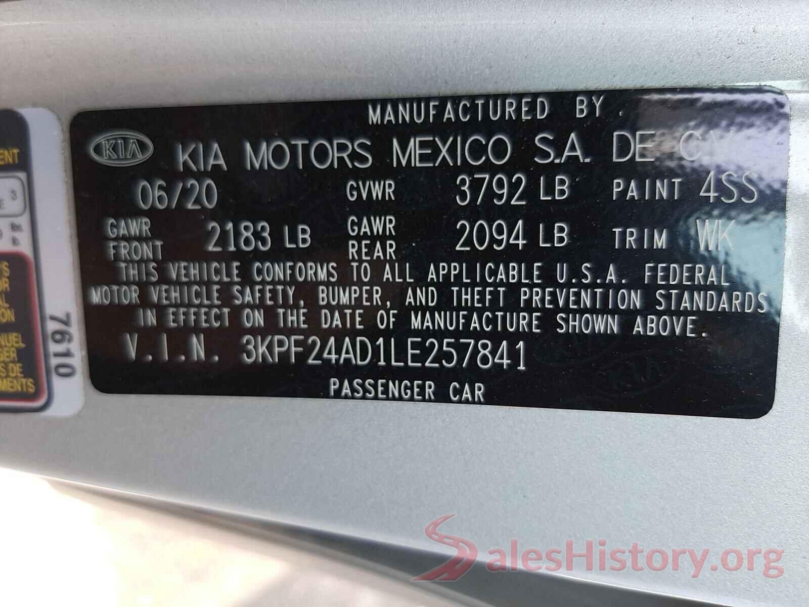 3KPF24AD1LE257841 2020 KIA FORTE