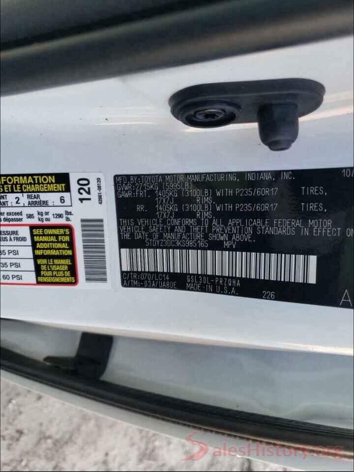 5TDYZ3DC3KS985165 2019 TOYOTA SIENNA