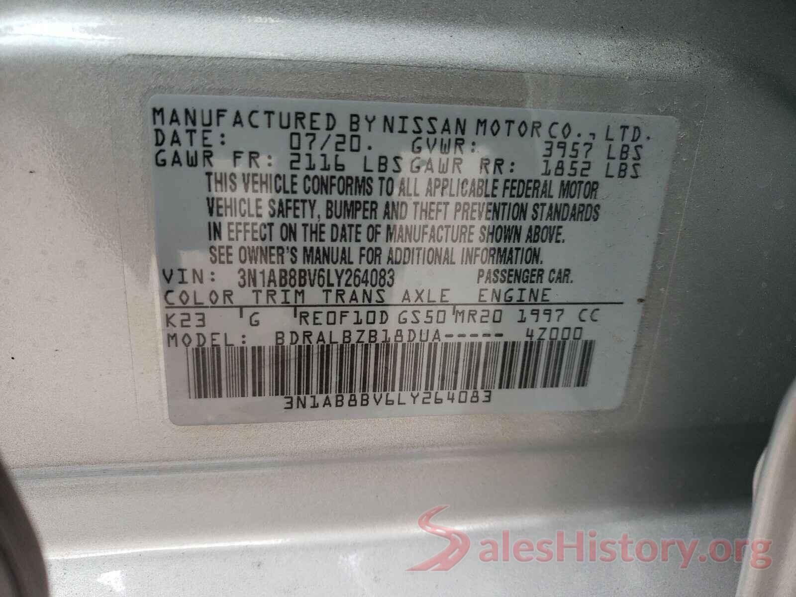 3N1AB8BV6LY264083 2020 NISSAN SENTRA