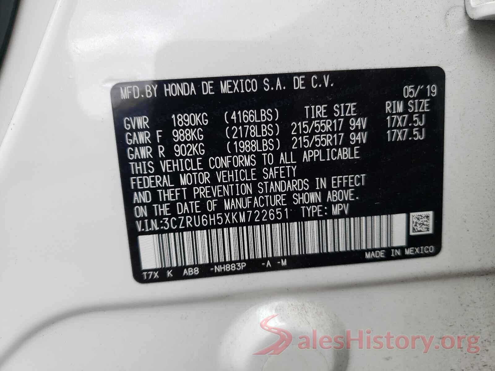 3CZRU6H5XKM722651 2019 HONDA HR-V