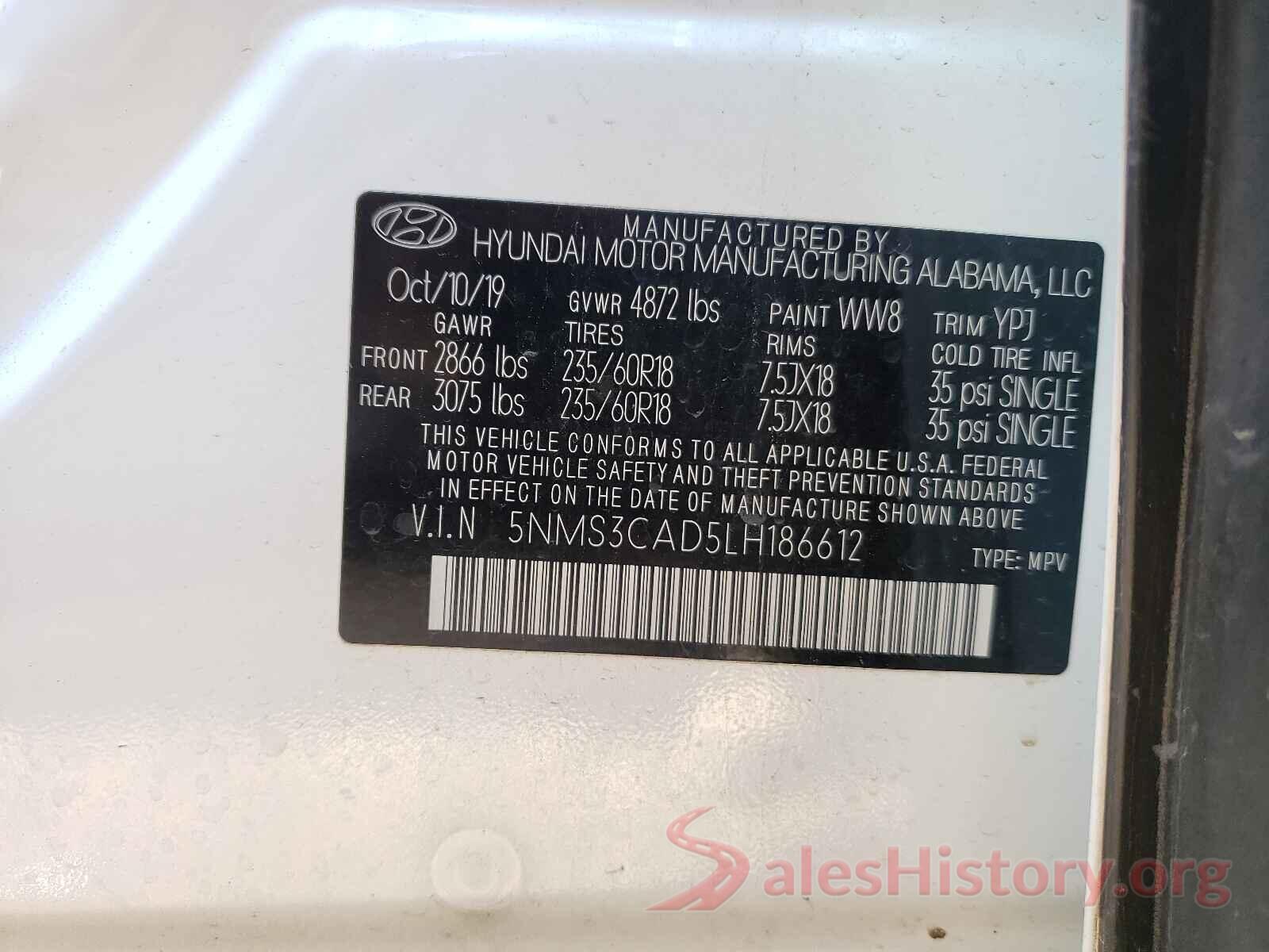 5NMS3CAD5LH186612 2020 HYUNDAI SANTA FE