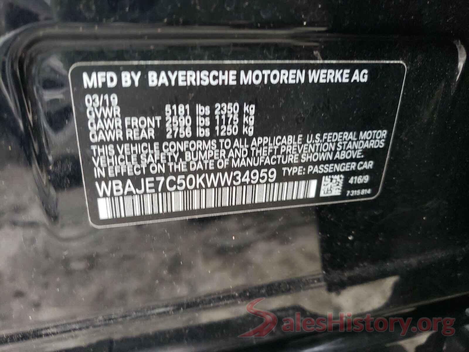 WBAJE7C50KWW34959 2019 BMW 5 SERIES