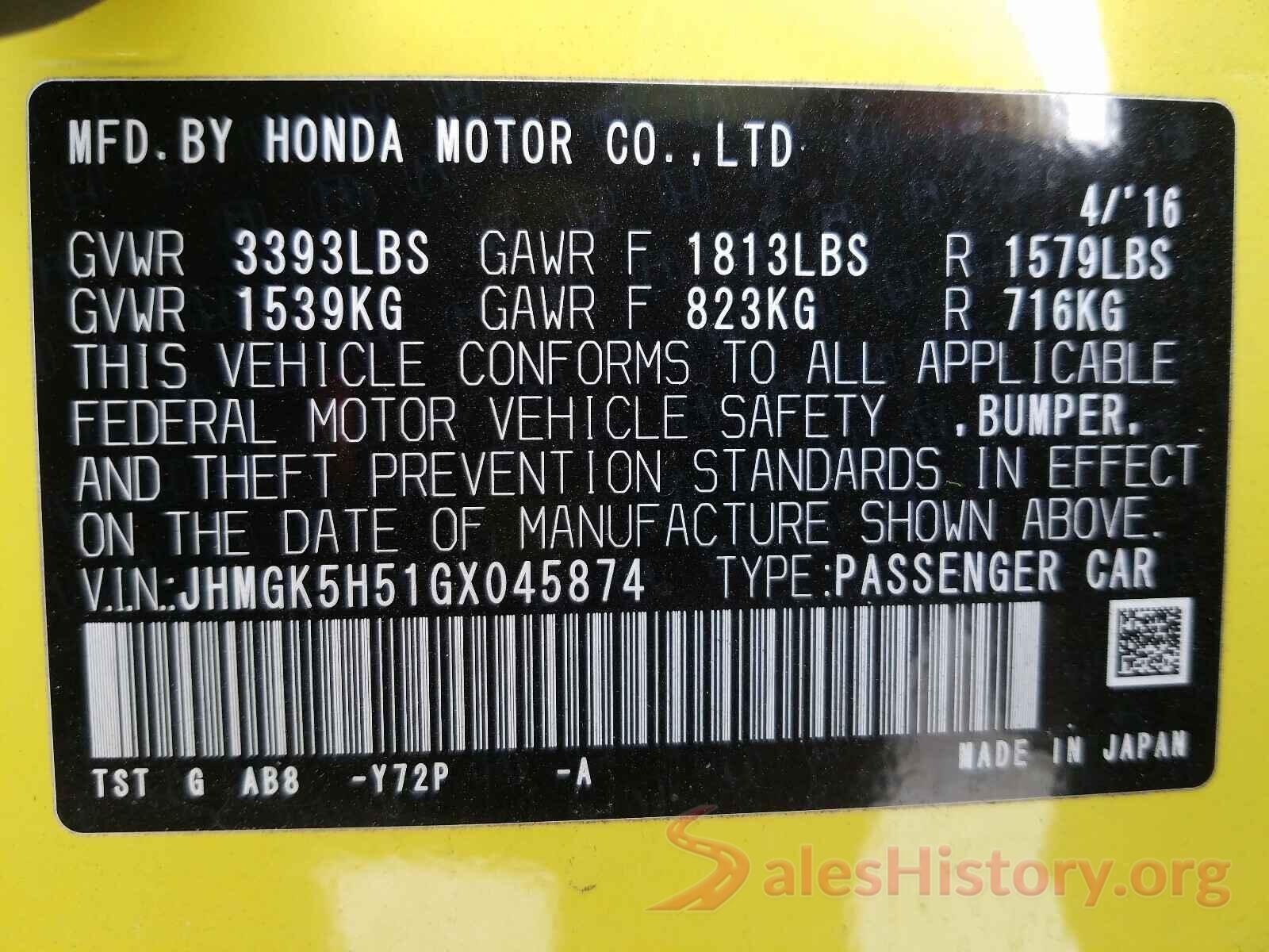 JHMGK5H51GX045874 2016 HONDA FIT