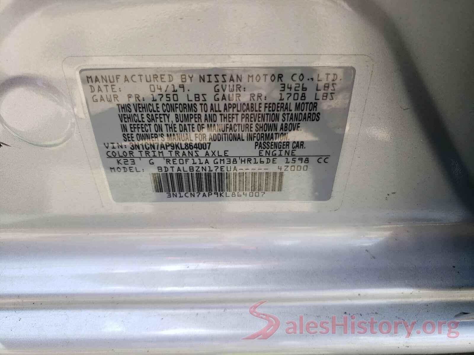 3N1CN7AP9KL864007 2019 NISSAN VERSA