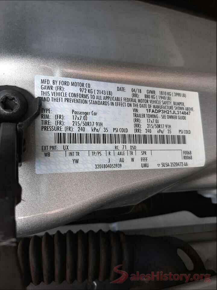 1FADP3H21JL314847 2018 FORD FOCUS