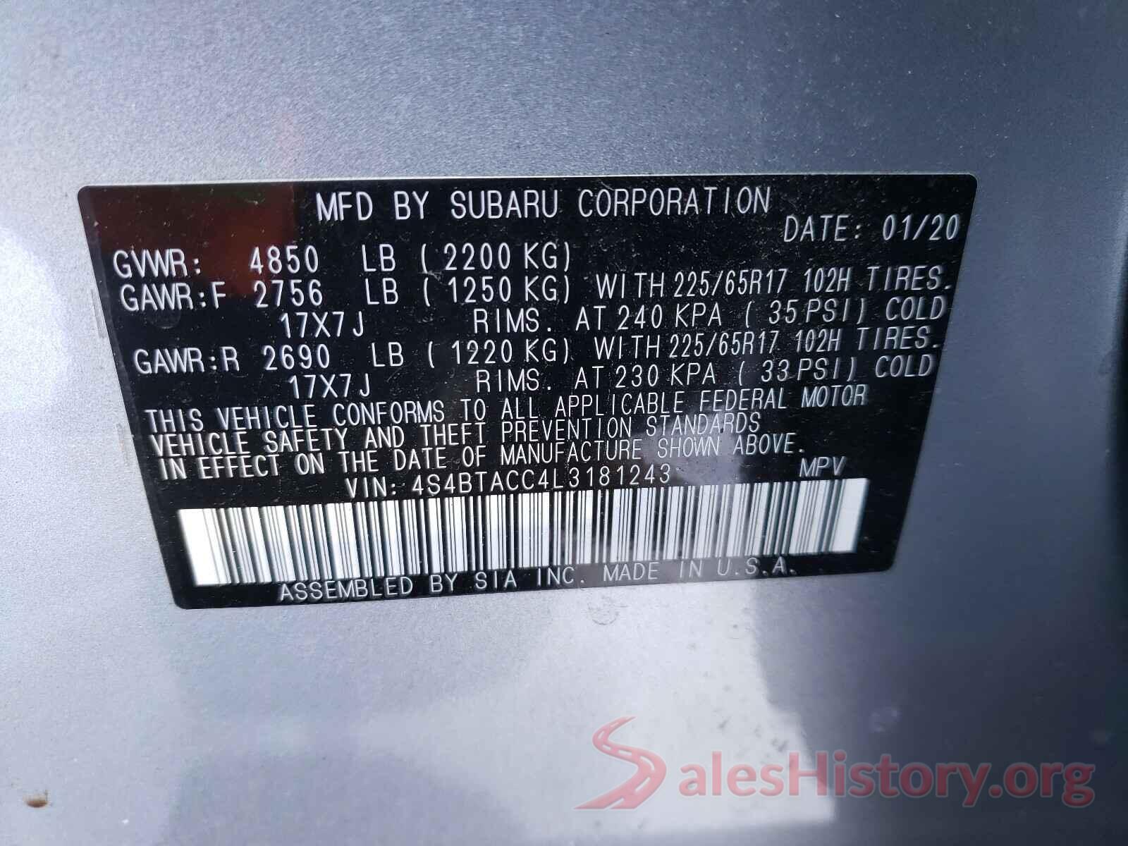 4S4BTACC4L3181243 2020 SUBARU OUTBACK