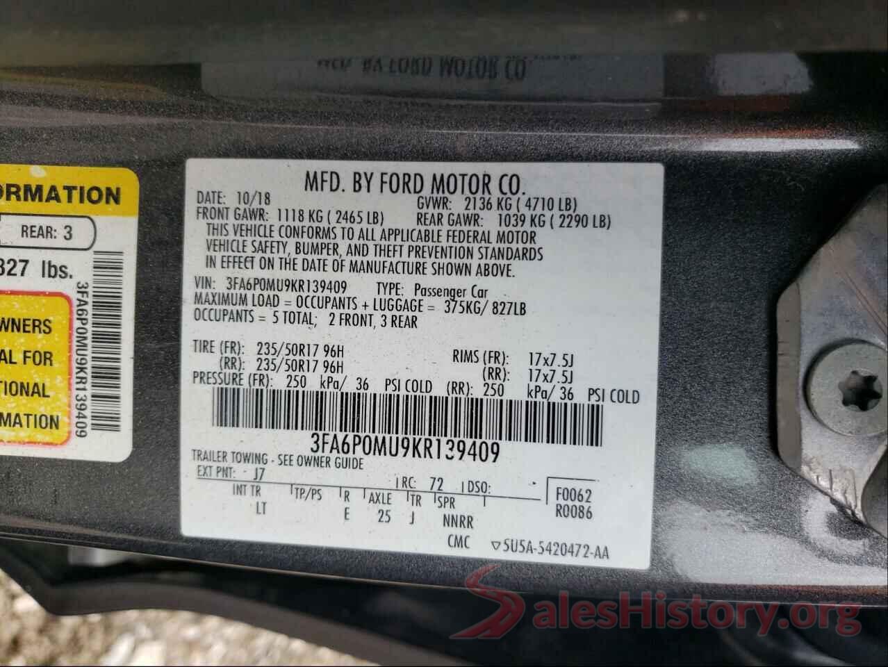 3FA6P0MU9KR139409 2019 FORD FUSION