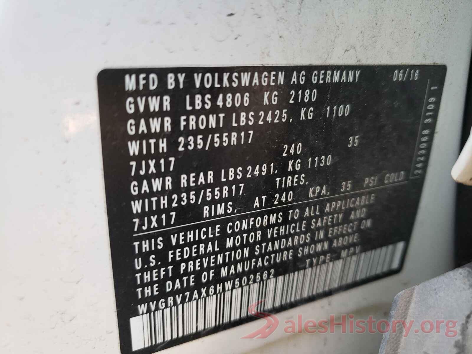 WVGRV7AX6HW502562 2017 VOLKSWAGEN TIGUAN