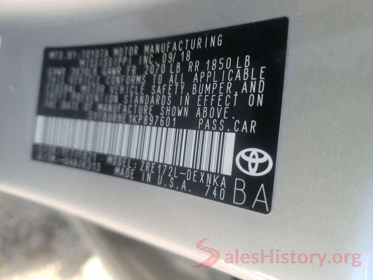 5YFBURHE1KP897601 2019 TOYOTA COROLLA