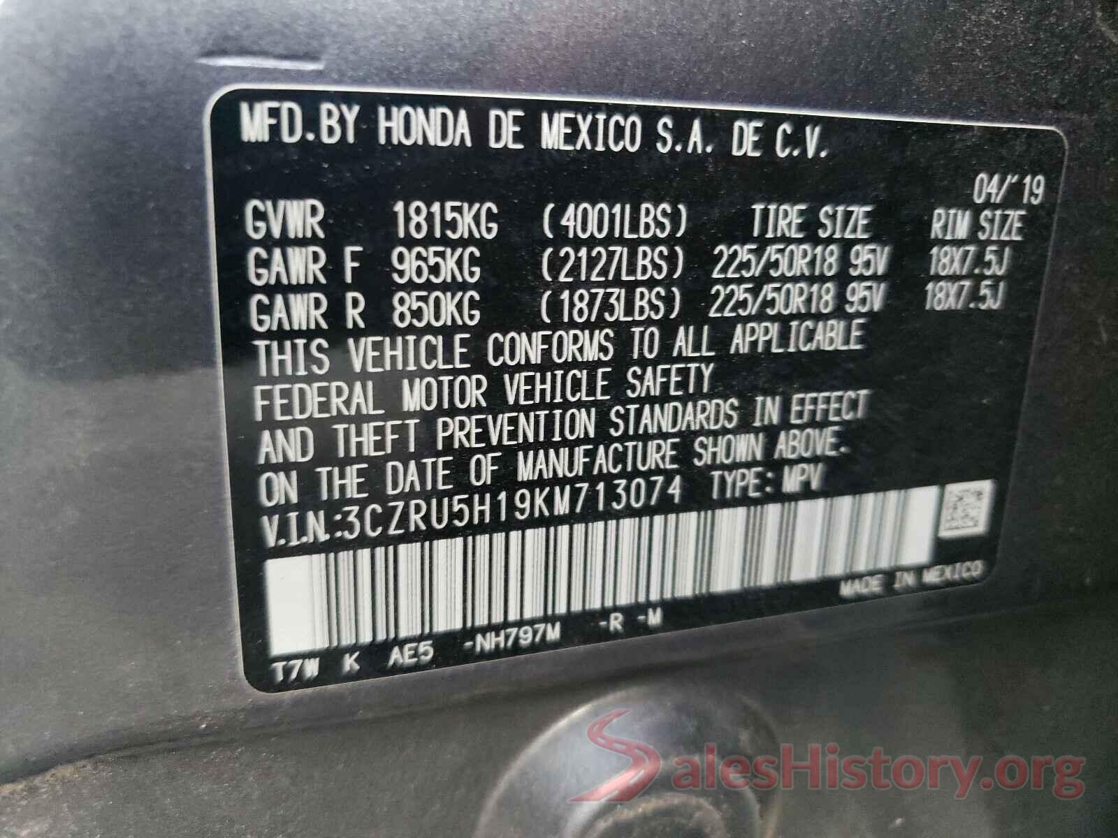 3CZRU5H19KM713074 2019 HONDA HR-V