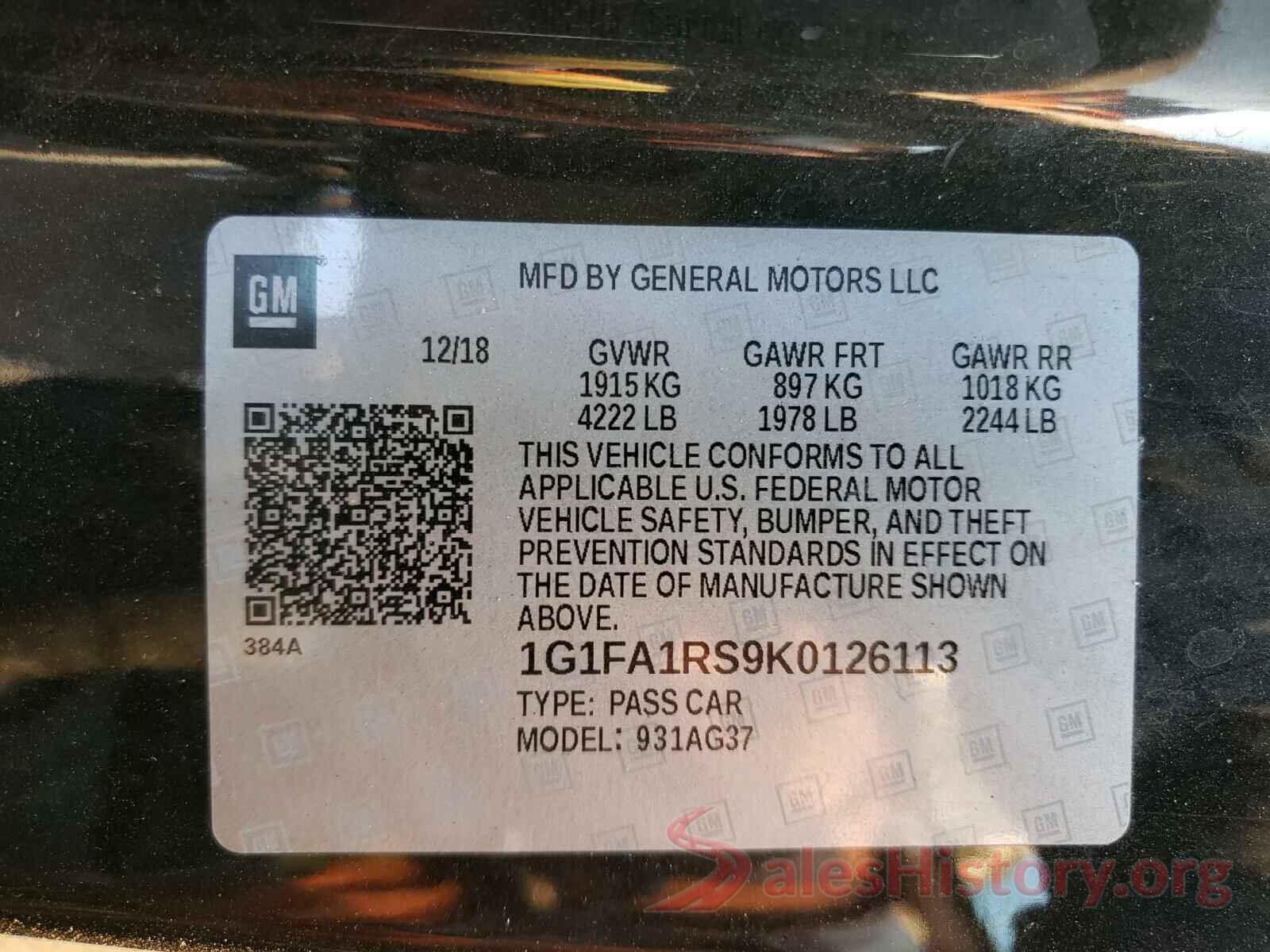 1G1FA1RS9K0126113 2019 CHEVROLET CAMARO