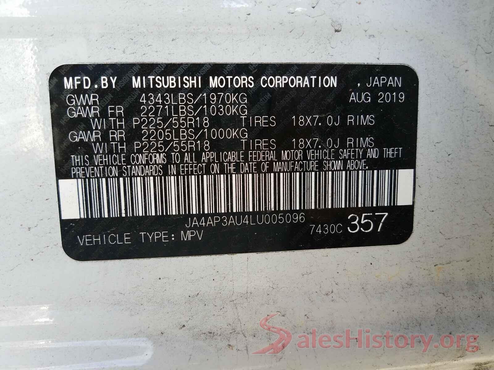 JA4AP3AU4LU005096 2020 MITSUBISHI OUTLANDER