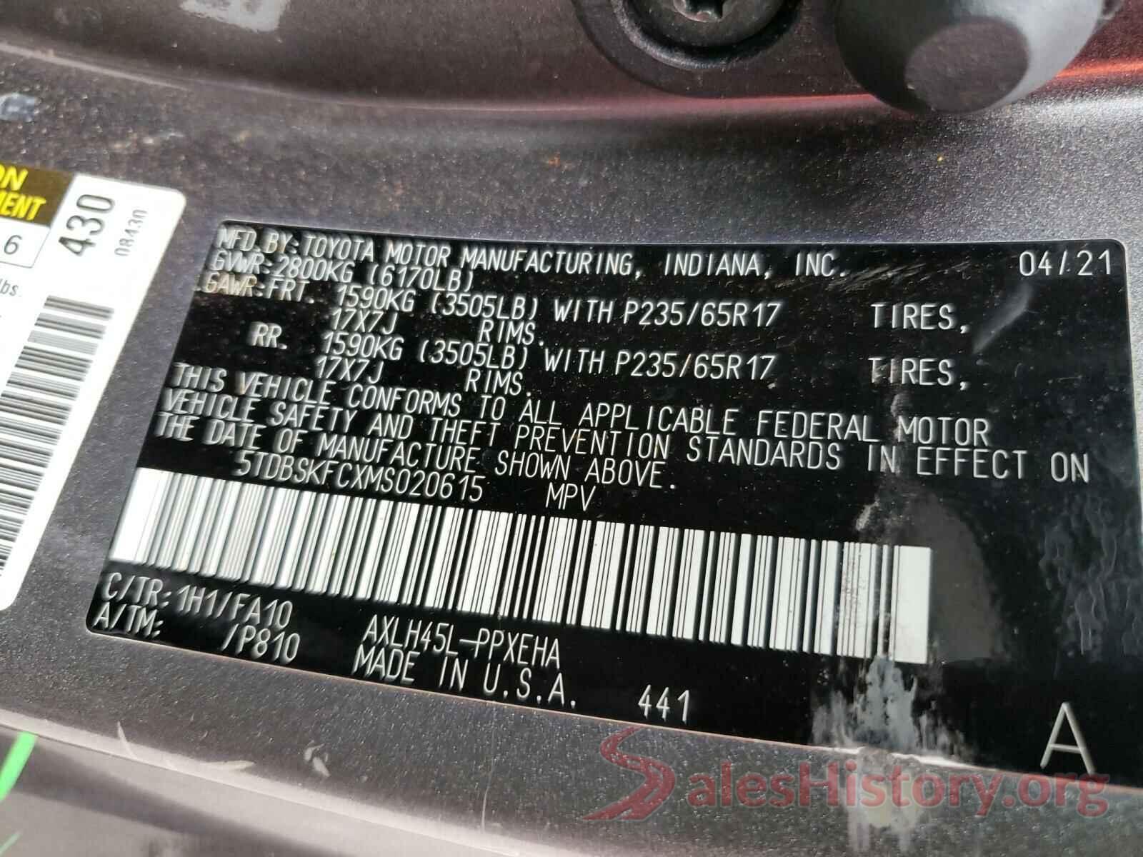 5TDBSKFCXMS020615 2021 TOYOTA SIENNA