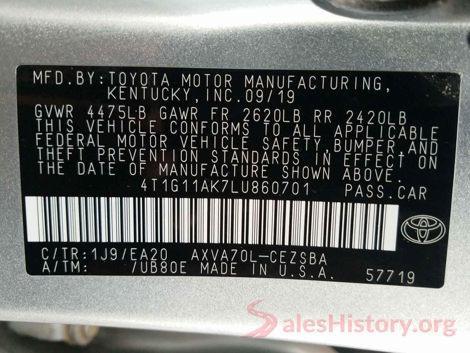 4T1G11AK7LU860701 2020 TOYOTA CAMRY