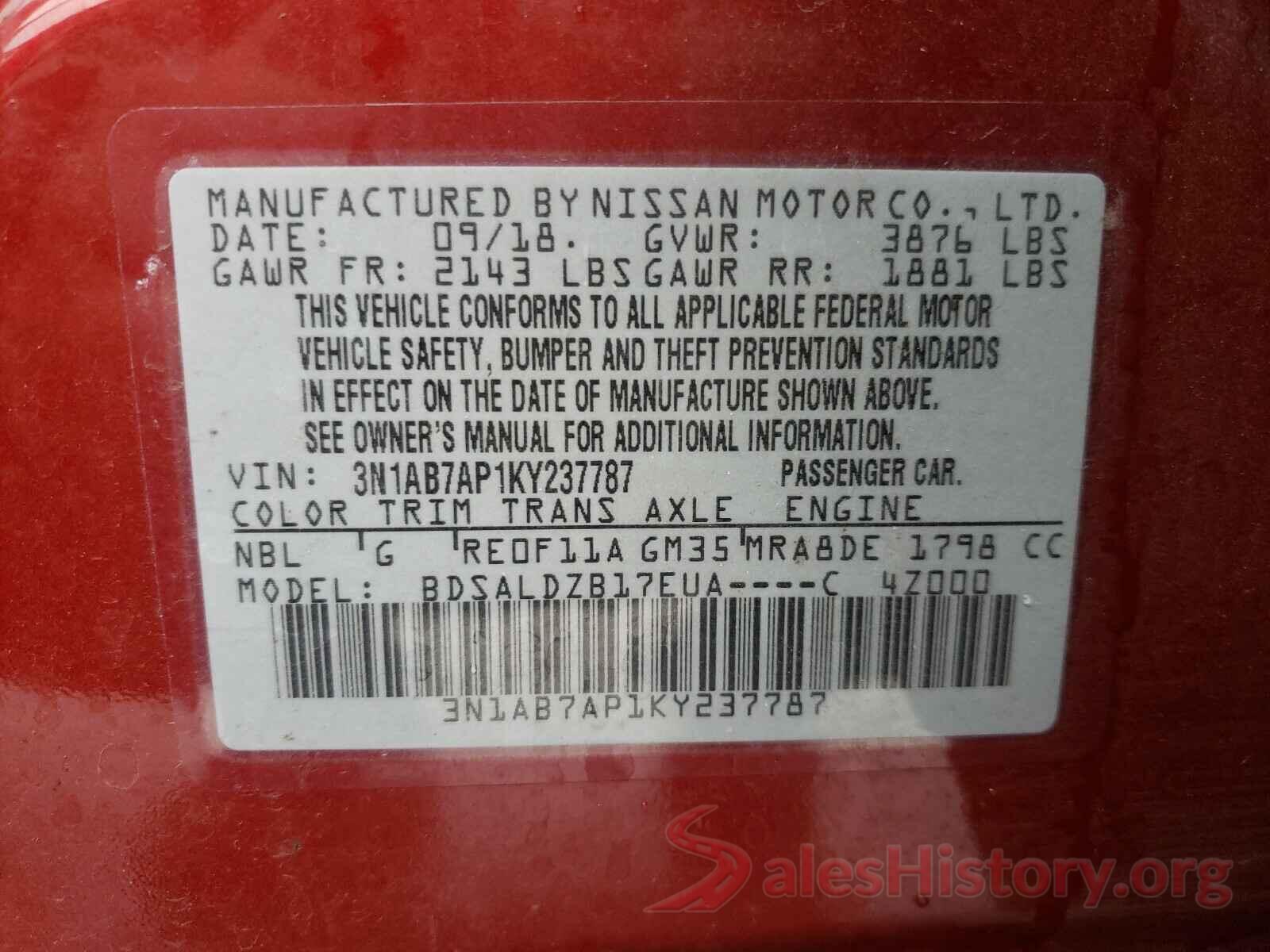 3N1AB7AP1KY237787 2019 NISSAN SENTRA