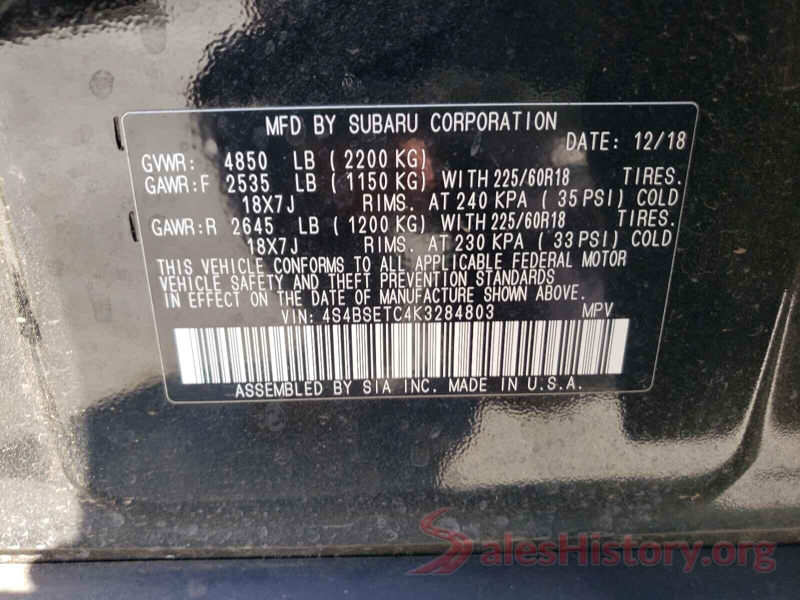 4S4BSETC4K3284803 2019 SUBARU OUTBACK