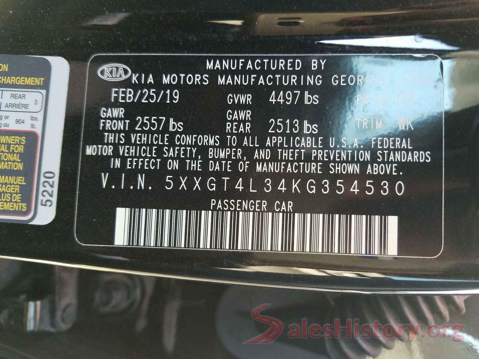 5XXGT4L34KG354530 2019 KIA OPTIMA