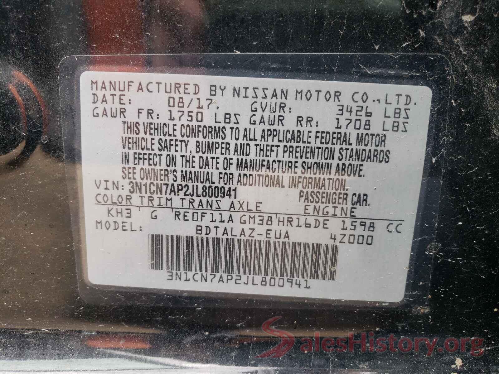 3N1CN7AP2JL800941 2018 NISSAN VERSA